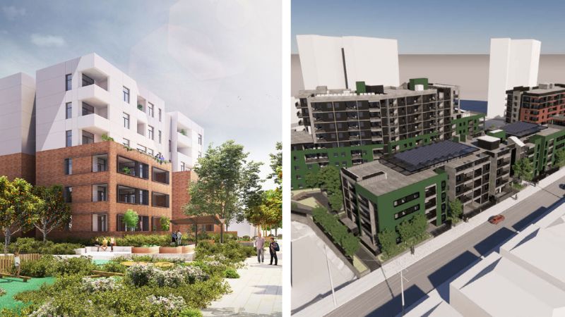 two photos of build housing build projects featuring large apartment buildings in Brunswick West and Flemington.