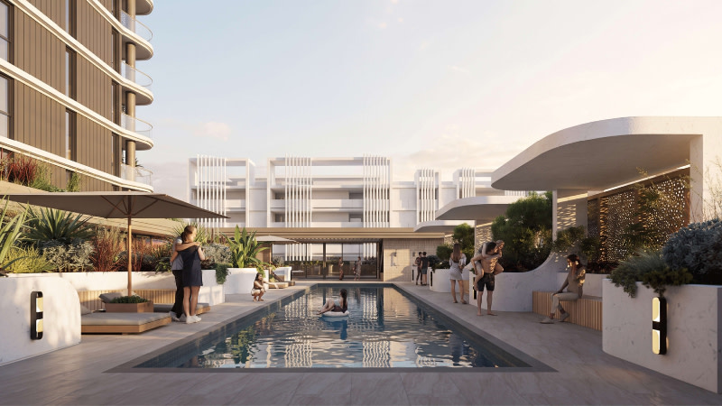 A rendering of the communal swimming pool planned by Edge Visionary Living for its 10-storey apartments scheme at Leighton Beach.