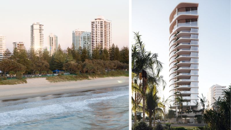 two images, one of the apartment towers on Main Beach on the Gold Coast the other a proposed 18 storey white tower.