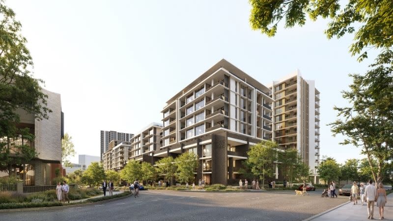 A Plus Studio rendering of the scheme’s broader midrise apartment character.