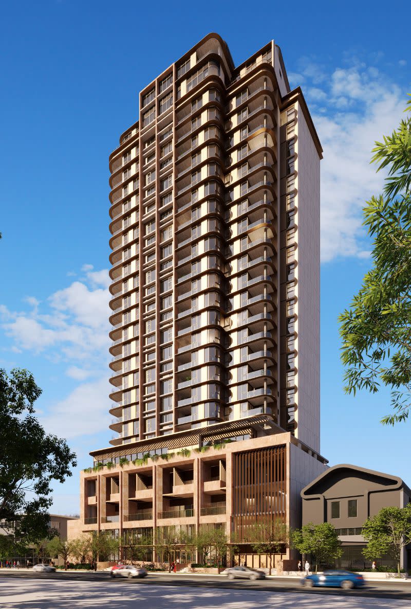 Buchan have designed a three-storey sandstone podium and 22-storey tower of independent living units