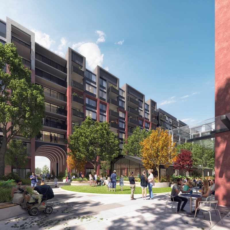 Scott Carver Architects' render of the pedestrian link and courtyard for Greystar's build-to-rent project in Melbourne's Kensington.