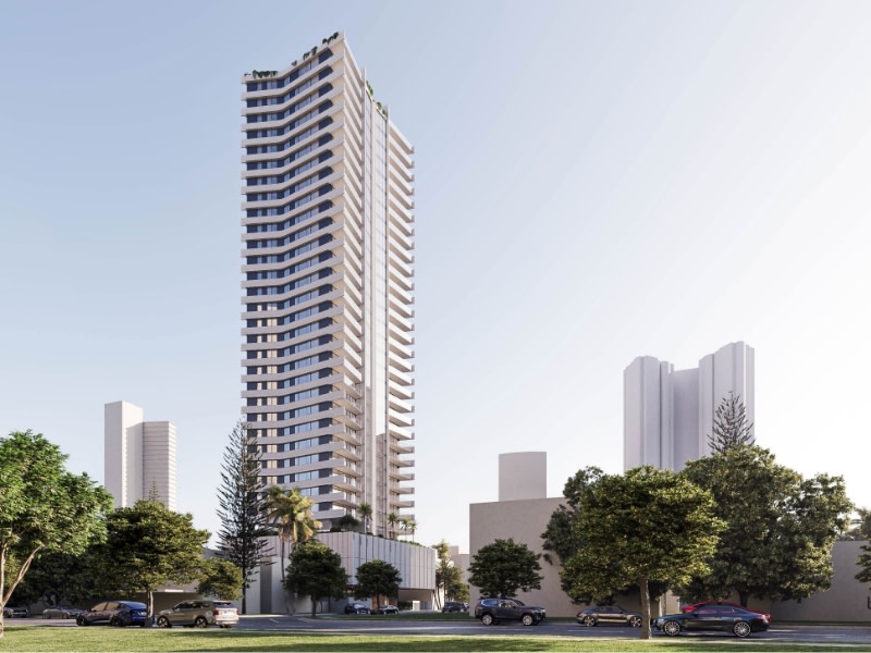 render from a distance of the 33 storey tower in Broadbeach showing its height in compassion to smaller buildings around it.