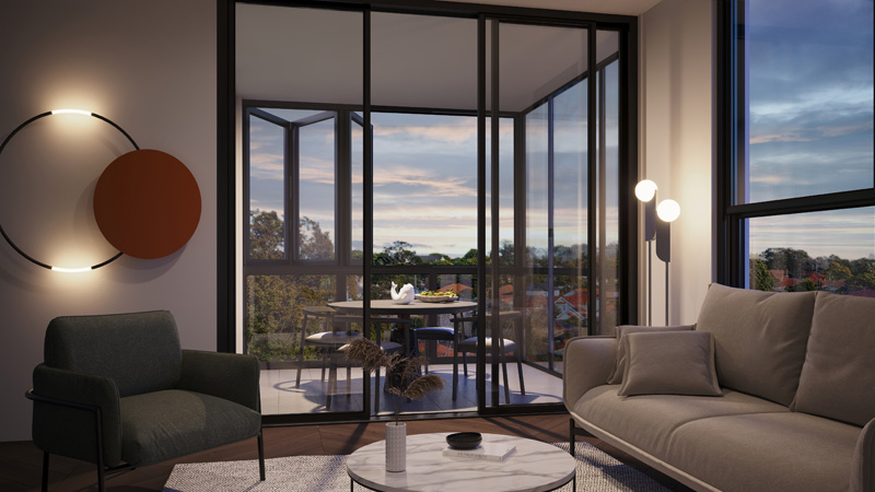 A stylish interior of an apartment at the The Halston, North Strathfield with dusk visible through the windows.