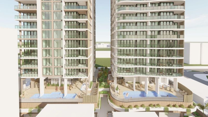Render of the dual tower development approved for Armrick Avenue, Broadbeach.
