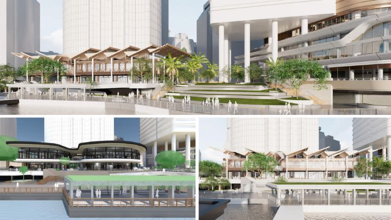 Renders of the approved design (bottom left) and the revised proposal for Waterfront Pavilions (bottom right and top).