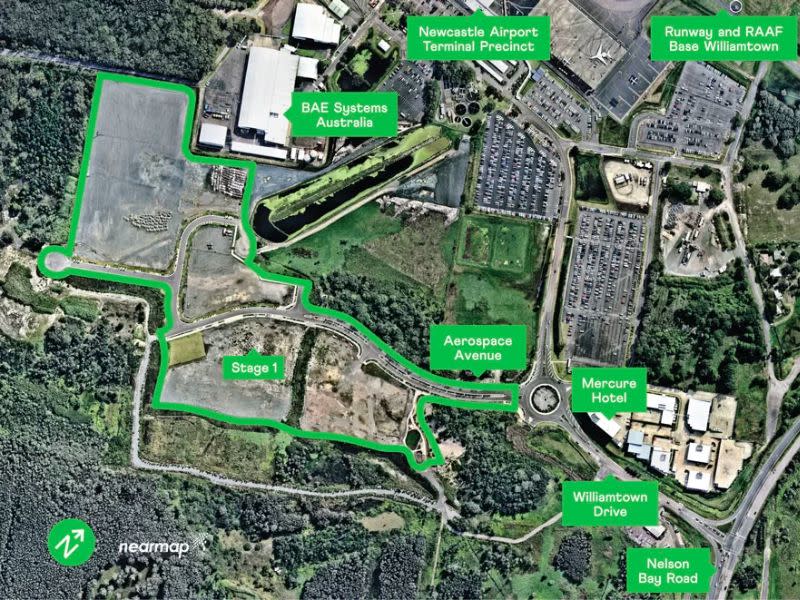 Aerial image of the Astra Aerolab precinct next to Newcastle Airport and the RAAF base.