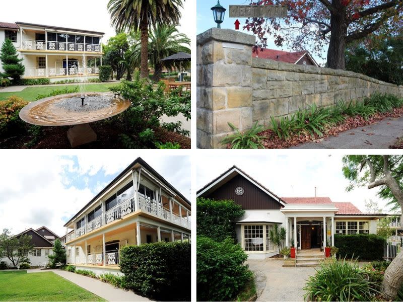 Four images depicting Caroline Chisholm Retirement Village in it's current status with traditional buildings and stone walls.