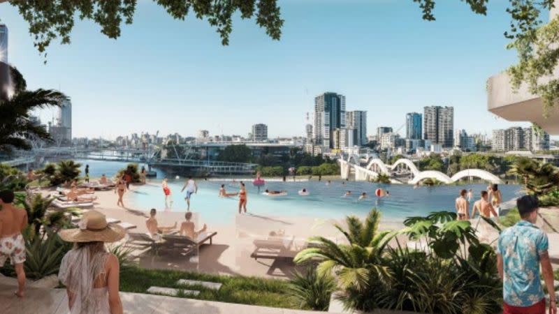 A rendering of the North Quay twin tower proposal's podium-top pool and recreation level that would overlook the Brisbane River.