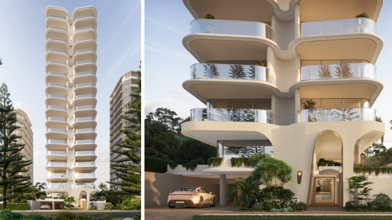 two images of a 18 storey modern tower to be built on the gold coast opposite the palms and the beach in burleigh heads.