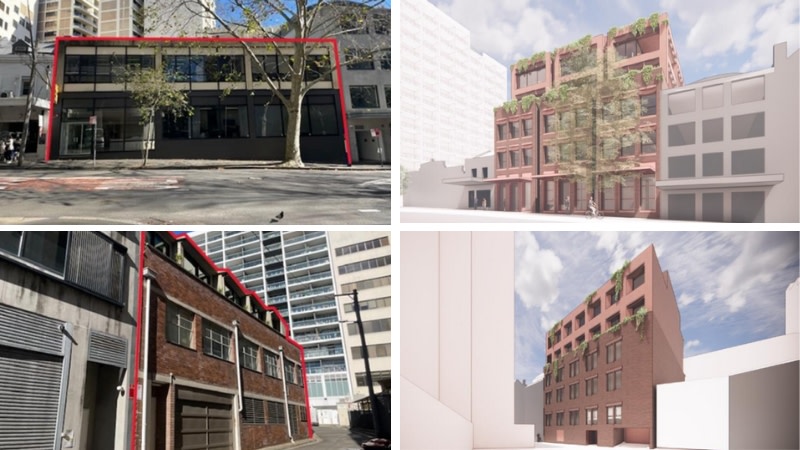 four images showing the before a two storey office in Woolloomooloo and the after a five storey modern office.