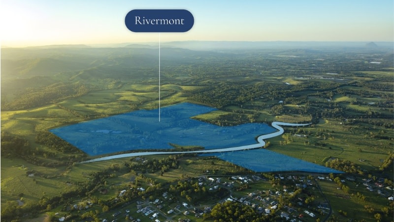 aerial image of greenfield land with a 175ha portion highlighted in blue with a creek in the middle of it