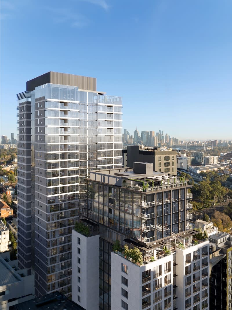 A render of the two towers in the Yarra and Claremont Street project in Melbourne's South Yarra by Greystar.