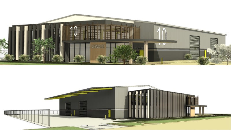 drawings of a warehouse showing it from two different angles, there's a large number 10 on the black and timber building.