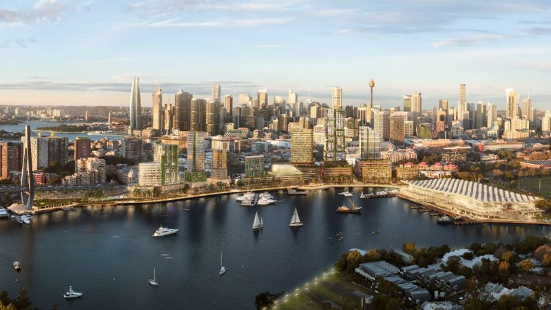 renders of multiple towers along blackwattle bay precinct with sydney cbd in the background