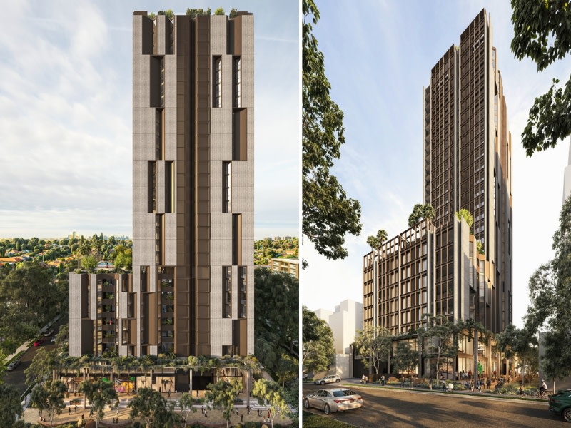 two images showing different sides of a 28 storey apartment tower planned for chatswood. 