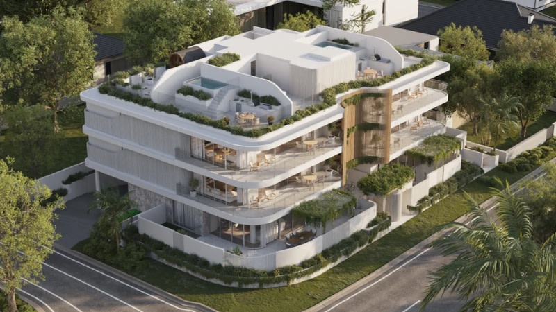 rendering of a three storey development with six half floor apartments in a gold coast beach style of architecture