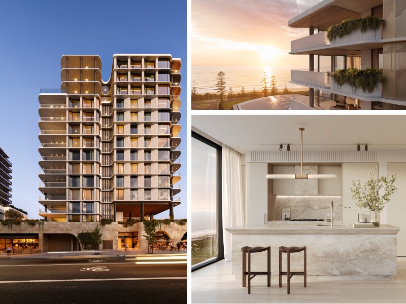 three images in one, first the 14-storey shoptop development, an image of its side overlooking the water at Wollongong and the kitchen. 