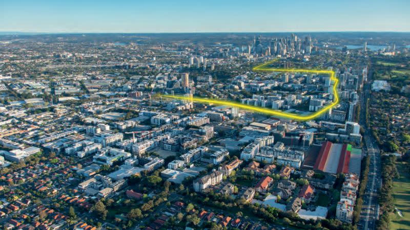 Drone image from Green Square to Sydney CBD with a yellow line indicating the light rail corridor.