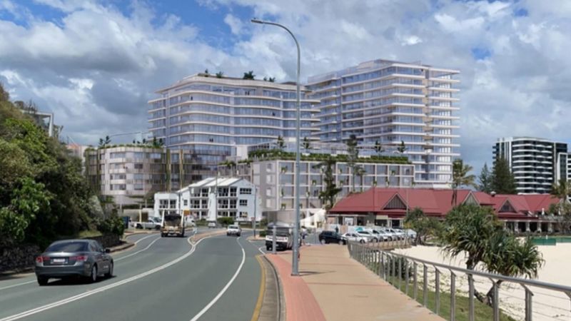 render of KTQ’s Kirra Hotel Plans including three white buildings designed by Nettletontribe with the view from Kirra Beach