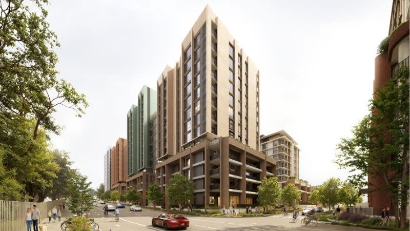 A rendering of one of the Buchan Avenue tower forms, showing the scheme’s taller street edges and podium-based frontage.
