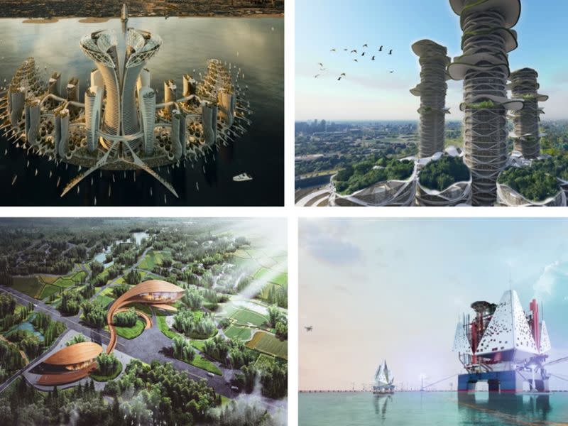 Four images featuring future development projects. A medical island, data centre-oil rig, green city and bamboo hall.