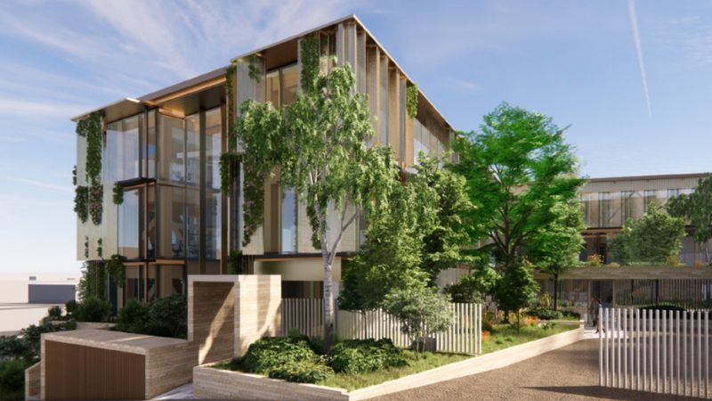 Render of the proposed timber office building development at 56 Breakfast Creek Road, Newstead.