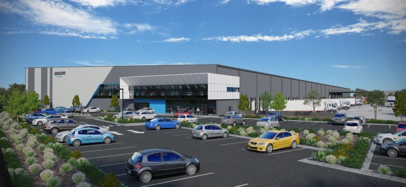 The render for the existing Amazon fulfillment centre which sits opposite the site for the new logistics centre in Dexus' Horizon 3023 estate.