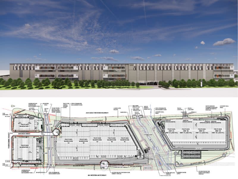 A render of a multistorey warehouse by Logos and Pace Architects and an aerial image of four warehouses on a large site.