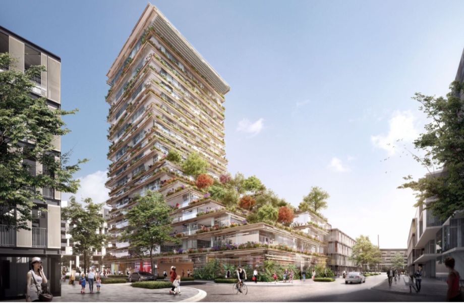 render of a tower with a stacked forest which is 20 storeys high in Waterloo Sydney