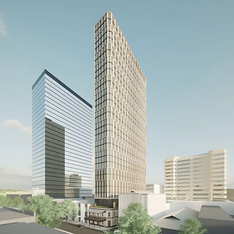 rendering of a 34-storey tower above an old pub in adelaide surrounded by highrises 