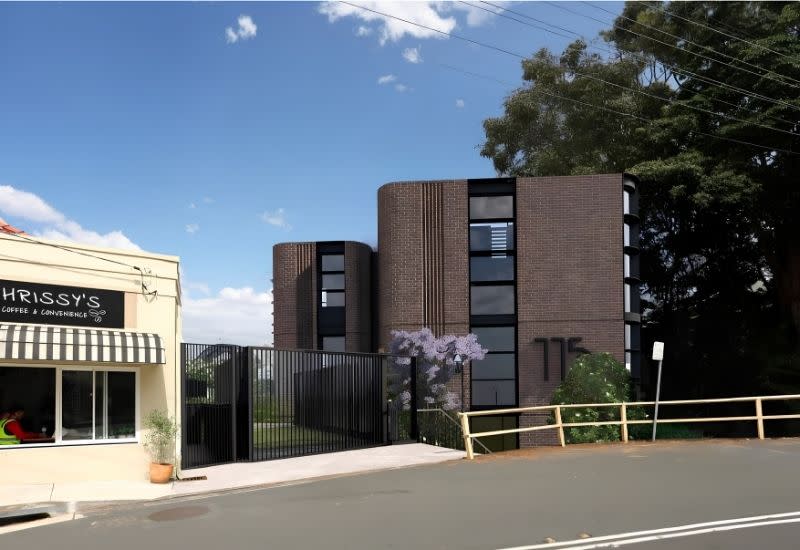 A rendering of the proposed car lift entry and four-storey apartment building at 115 Kurraba Road