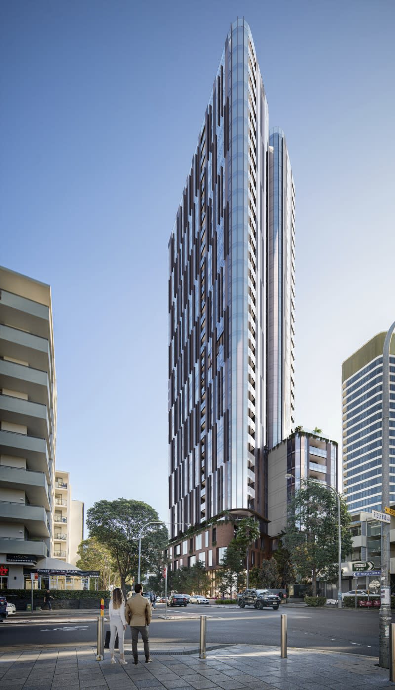 Fender Katsalidis' render of the 32-storey tower at Rhodes in Sydney.