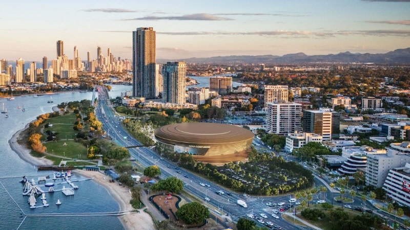 A rendering of the Gold Coast Arena proposed for a 4.5ha site at Southport overlooking the Broadwater.