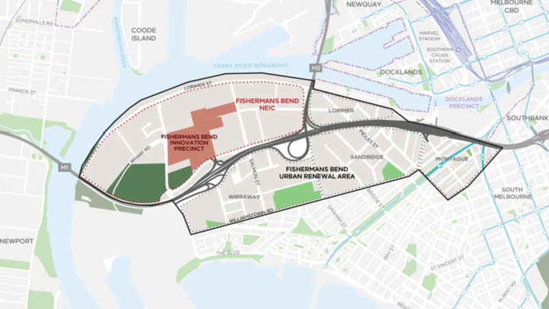 A map of Fishermans Bend with all its precincts and the National Employment and Innovation Cluster.