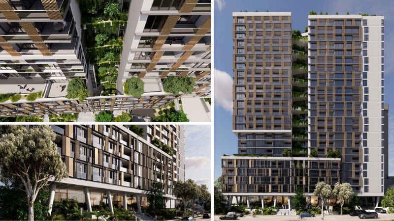 Renders of the approved two-tower build-to-rent development at 20 Walsh Street, Milton.