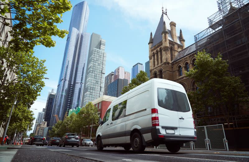 A delivery van in an Australian CBD to illustrate Groundfloor parcel lockers.