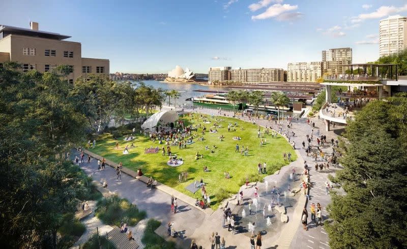 Crowds milling about in fine weather in a render of Circular Quay Sydney Redevelopment Plans showing the Opera House in the background. 