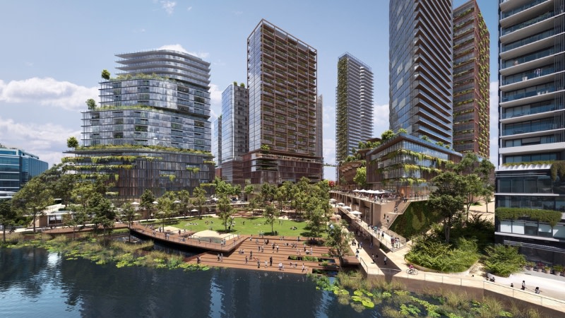 render of a nine building development and parkland on norwest lake in Sydney