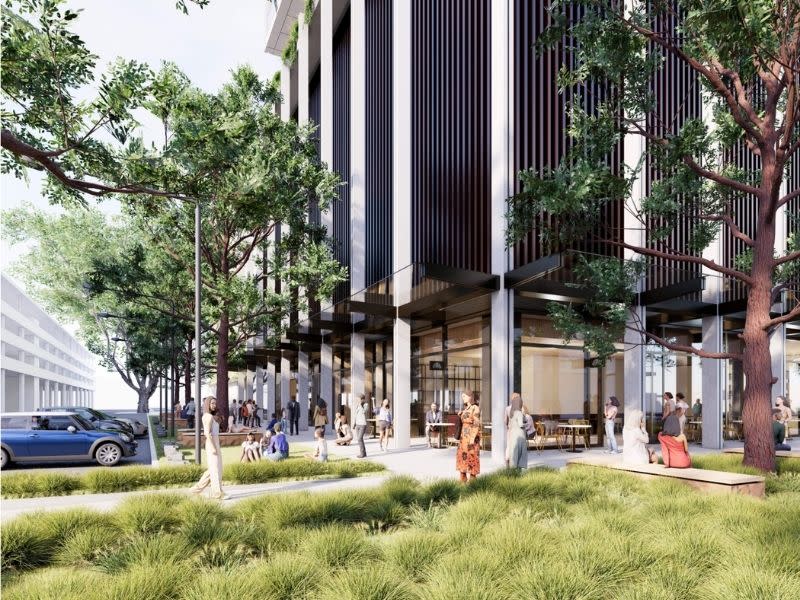 A Cortese rendering of the proposed Gordon Street frontage, with landscaped public domain works and ground-floor community and retail uses.
