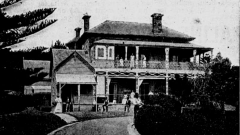 a black and white photo of Ballamac House, a two storey Victorian house in Coogee, Sydney.