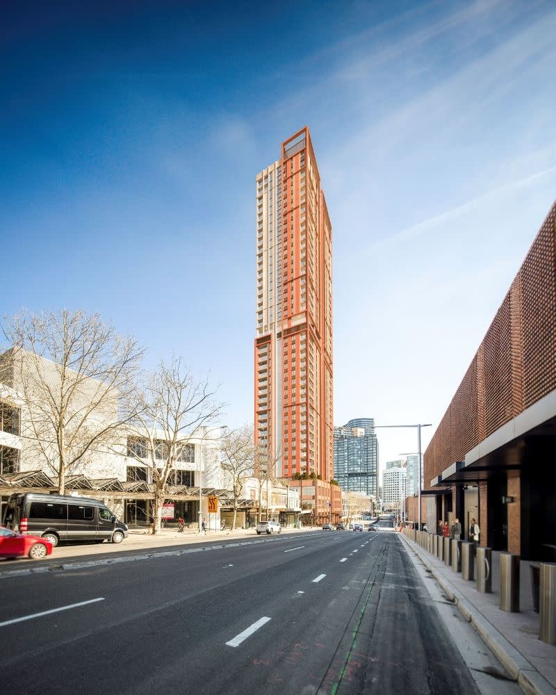 A COX Architecture rendering of Freecity’s approved 40-storey mixed-use tower opposite Crows Nest Metro.