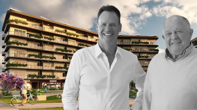 Gold Coast developer Tim Gordon and billionaire pub baron Bruce Mathieson and a rendering of one of the masterplan's buildings.