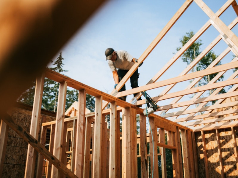 Construction worker and a house frame