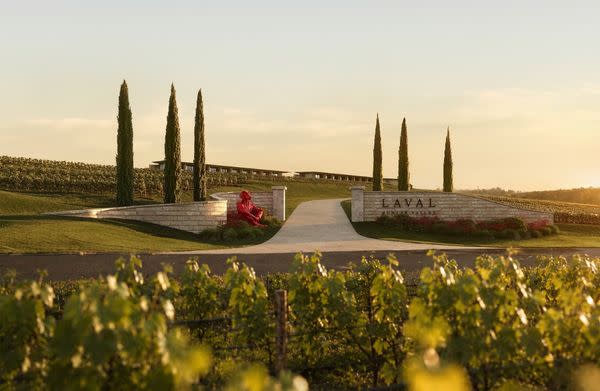 Laval Hunter Valley’s planned arrival point on the former Lindeman’s Estate, with vineyards and Gillie and Marc artwork framing the entry.