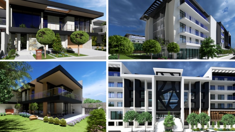 four images depicting modern townhouses and a retirement facility in adelaide.