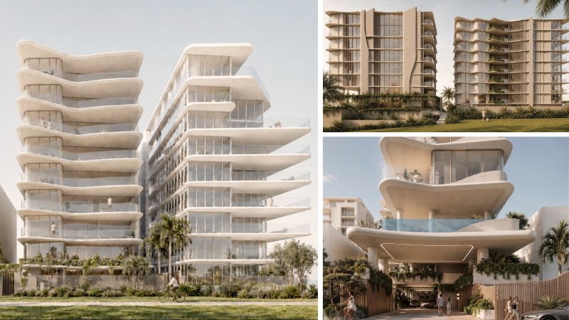 Renderings of the two-building midrise proposal filed for the northern end of Palm Beach, up the road from Sherpa's dual tower project.