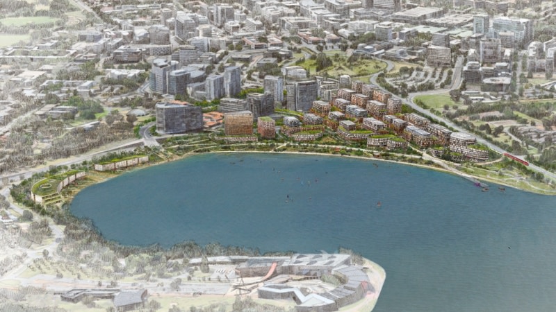 rendering of a new neighbourhood on Lake Burley Griffin with multiple mid rise clusters for development 