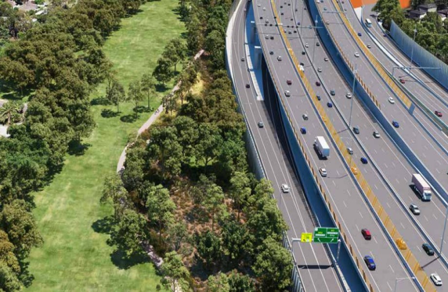 A render of the upgraded Eastern Freeway with the rebuilt Koonung Creek Reserve, part of Victoria's North East Link project.