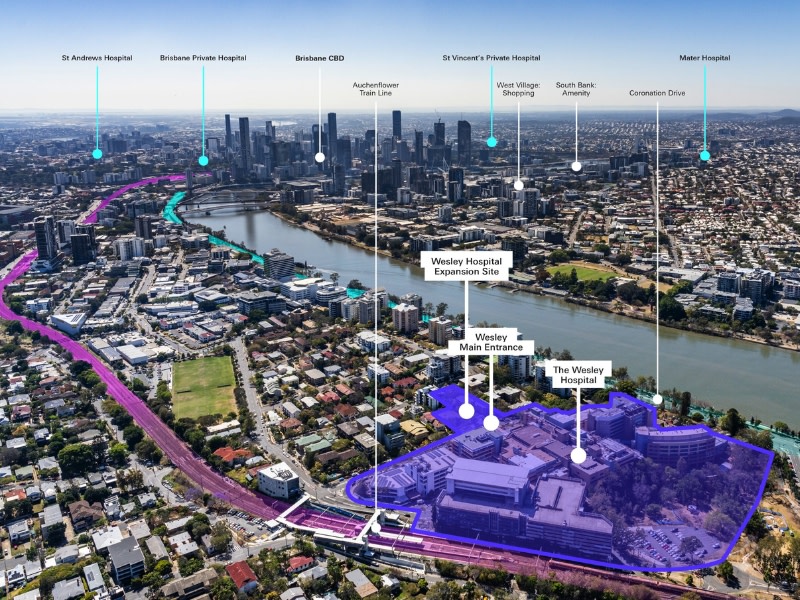 aerial image of brisbane which highlights the wesley hospital in purple